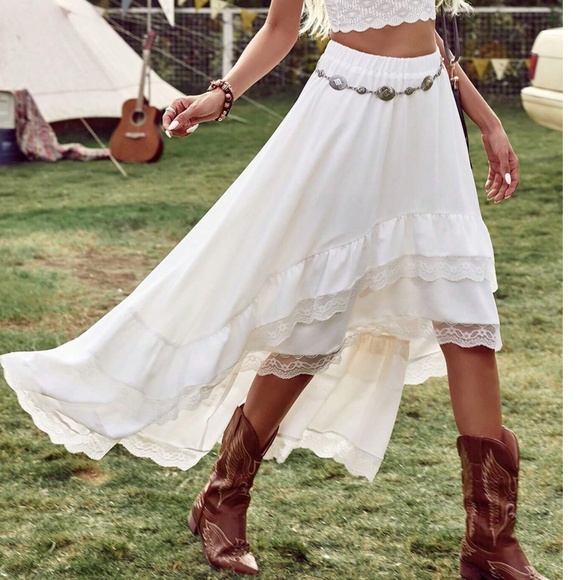 Boho White lace High low Stretchy Waist Maxi Skirt - Picture 3 of 10